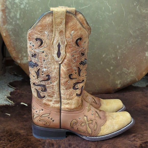 CORRAL C1167 antique tan distressed leather cowgirl western boots square toe 9.5 - Picture 9 of 16
